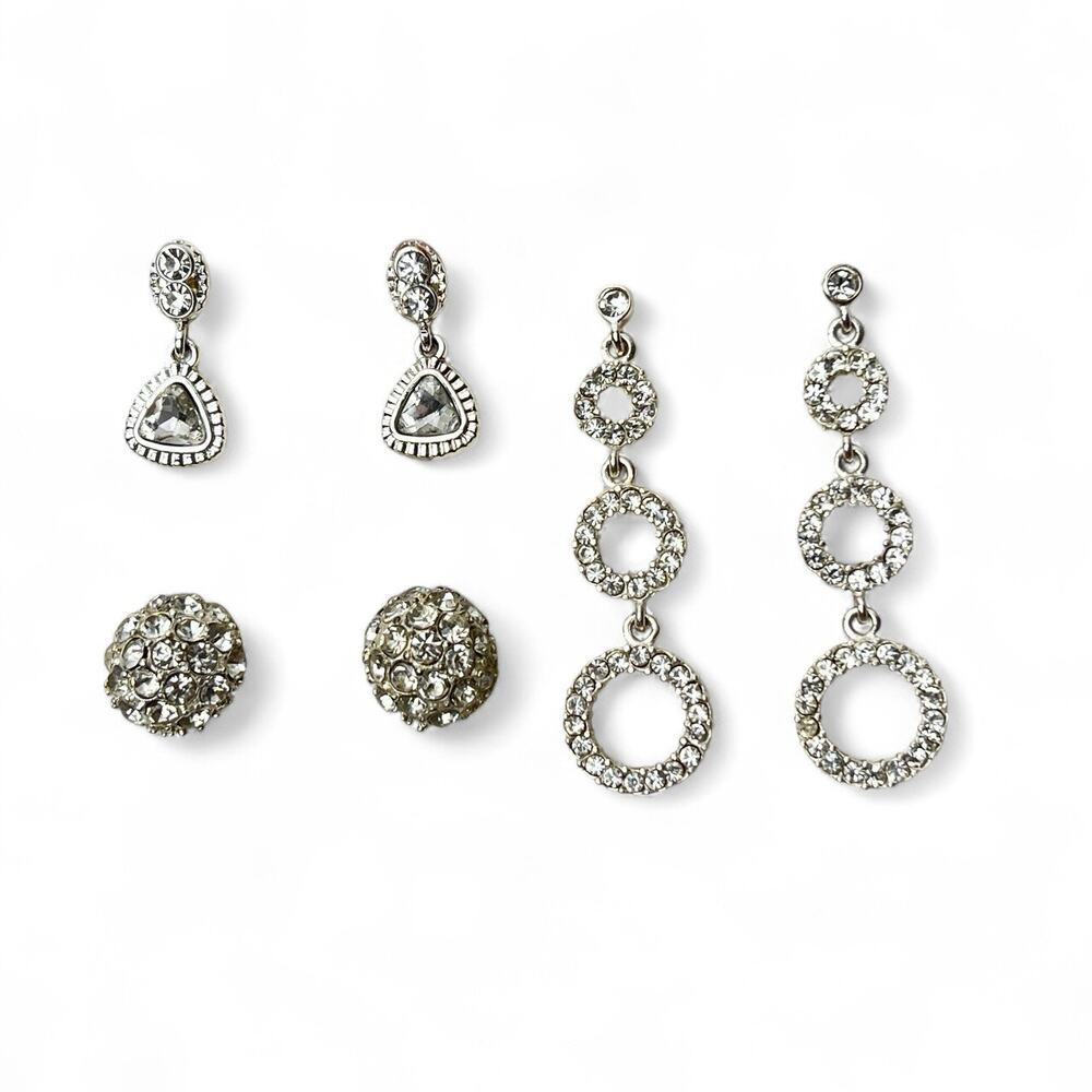 Rhinestone Fashion Earrings Lot 3 Pair Pierced Dangle Studs Sparkly Silver Tone